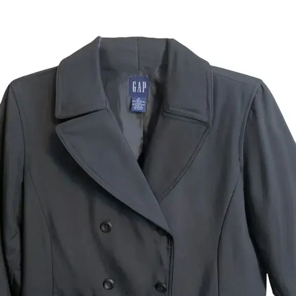 Gap Rain Coat SZ S Women's Black Lightweight Pockets Double Breasted - Picture 6 of 11